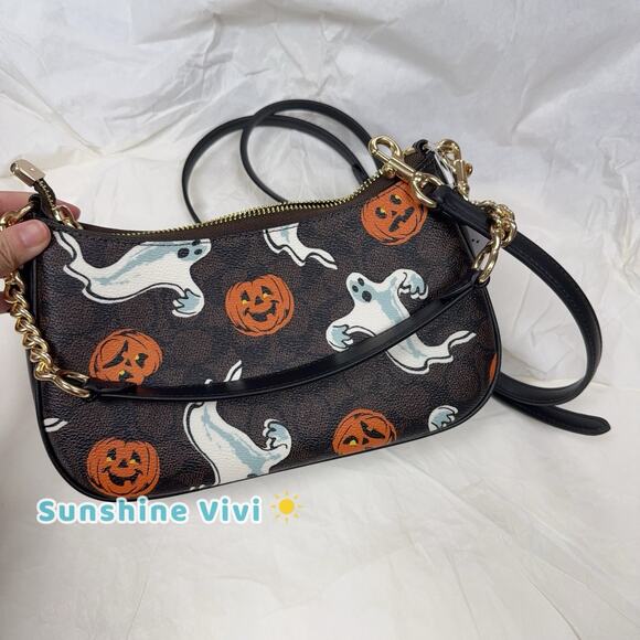 NWT Coach Teri Shoulder Bag In Signature Canvas Pumpkin Halloween Print CCE71 - Picture 9 of 11